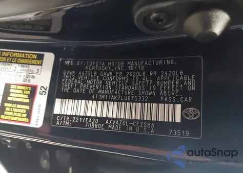 2020 Toyota Camry Se from USA, damaged, VIN 4T1M11AK7LU875332